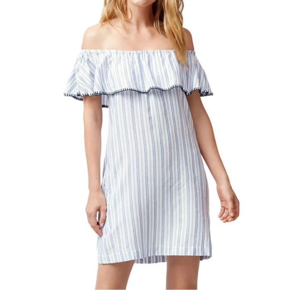 Tommy Bahama Blue & White Ticking Stripe Off Shoulder Mini Dress